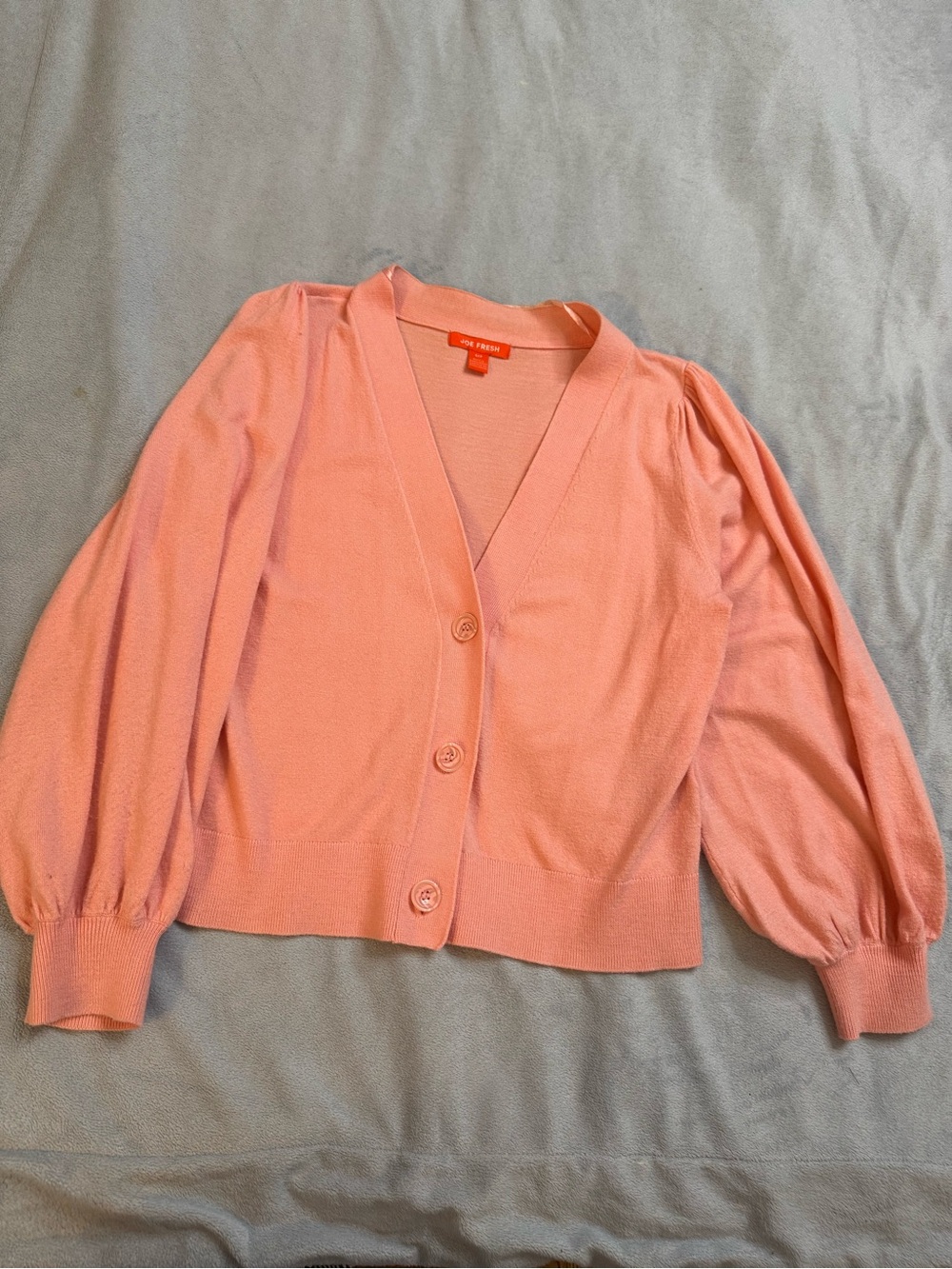 Joe Fresh Coral Pink Button-Front V-Neck Puff Sleeve Cardigan